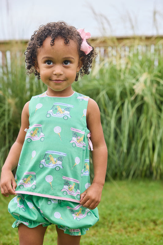 Little English traditional children's clothing. Green and pink two piece set with golf cart print for baby girls.