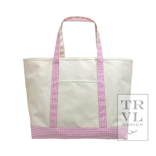 Maxi Tote, Coated Canvas Large Natural With Gingham Pink
