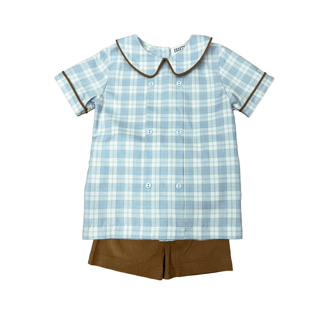 Blue & Brown Plaid Short Set