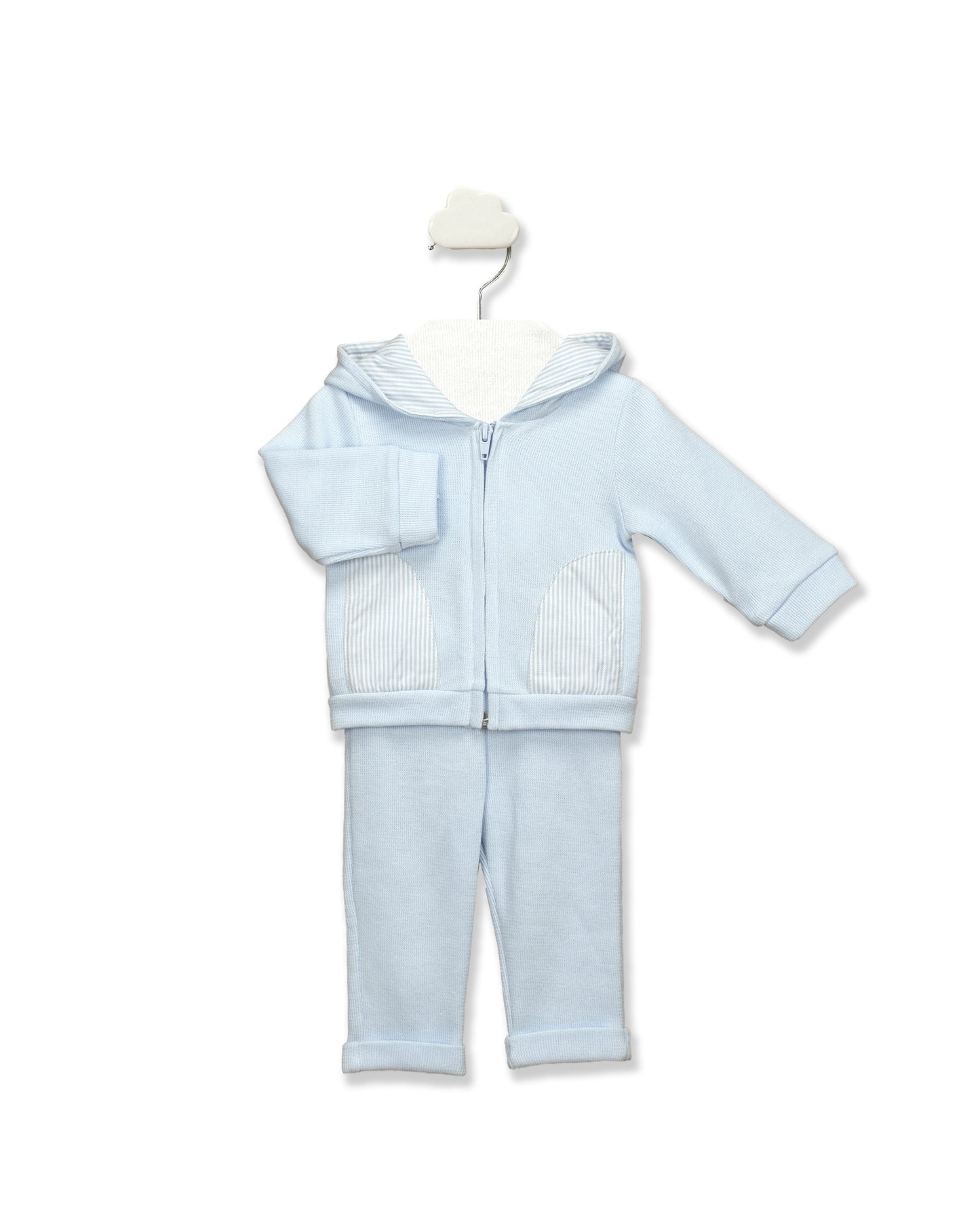 Blue Long Sleeve Seersucker Trim Pant Set