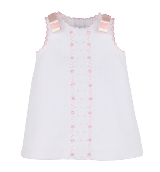 Embroidered Pink Flowers Sleeveless Pique Dress