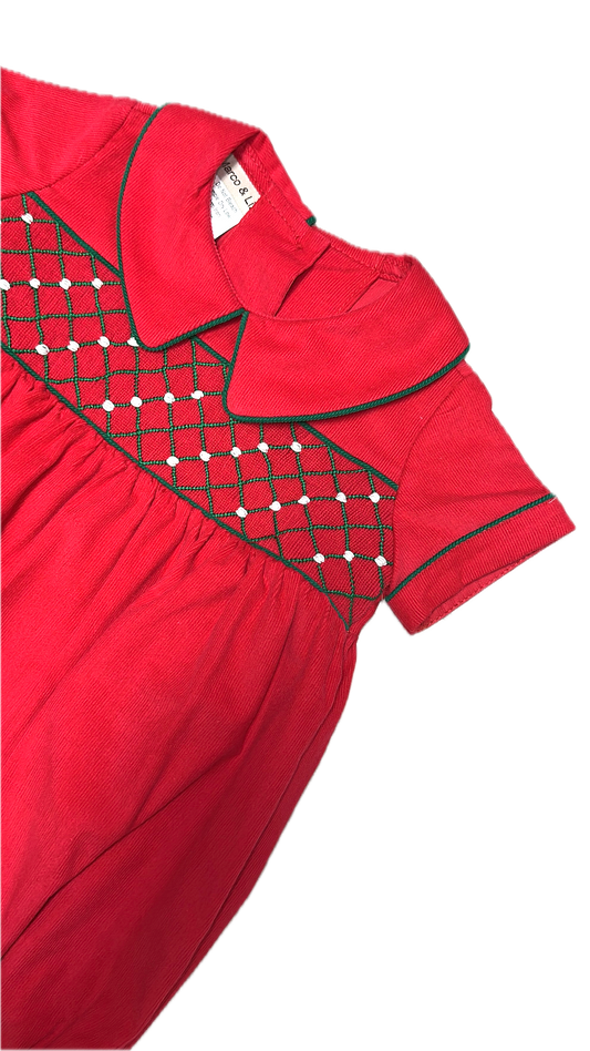 Red Corduroy Christmas Smocked Bubble