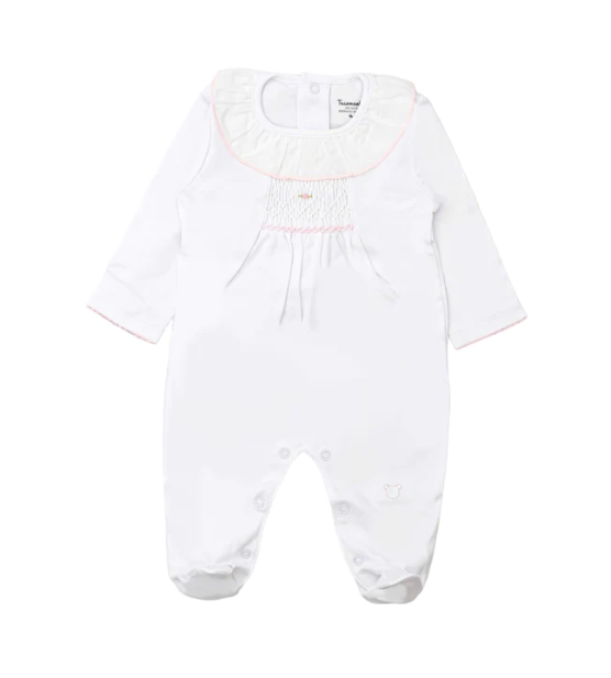 Nanzu Smocked Ruffle Neck Footie with Pink