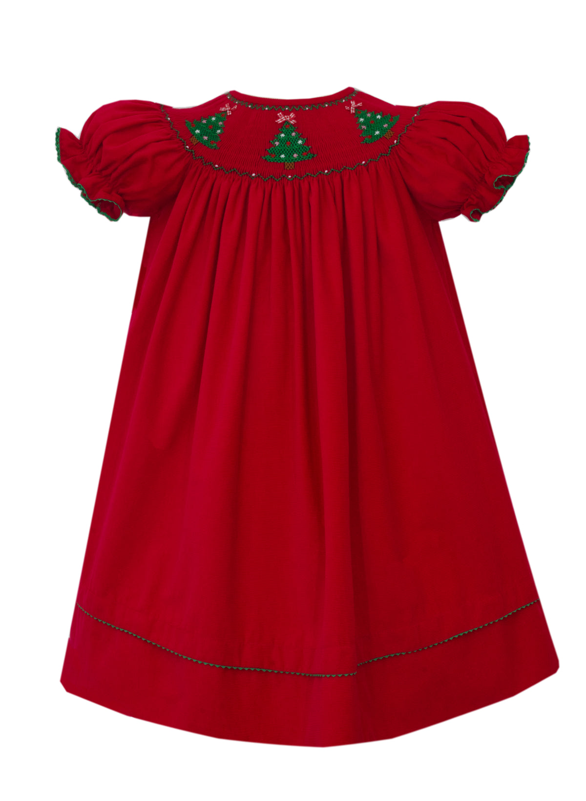 Red dress with green embroidered details on a white background