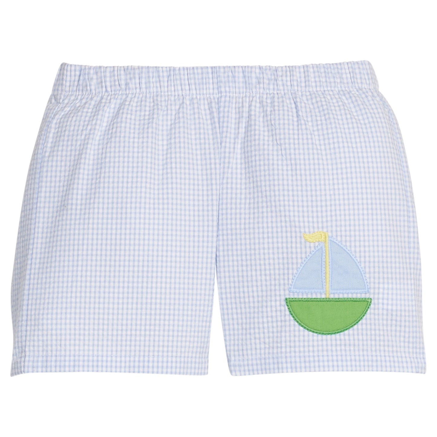 Little English traditional children's clothing. Light blue gingham shorts with sailboat applique for boys for Spring.