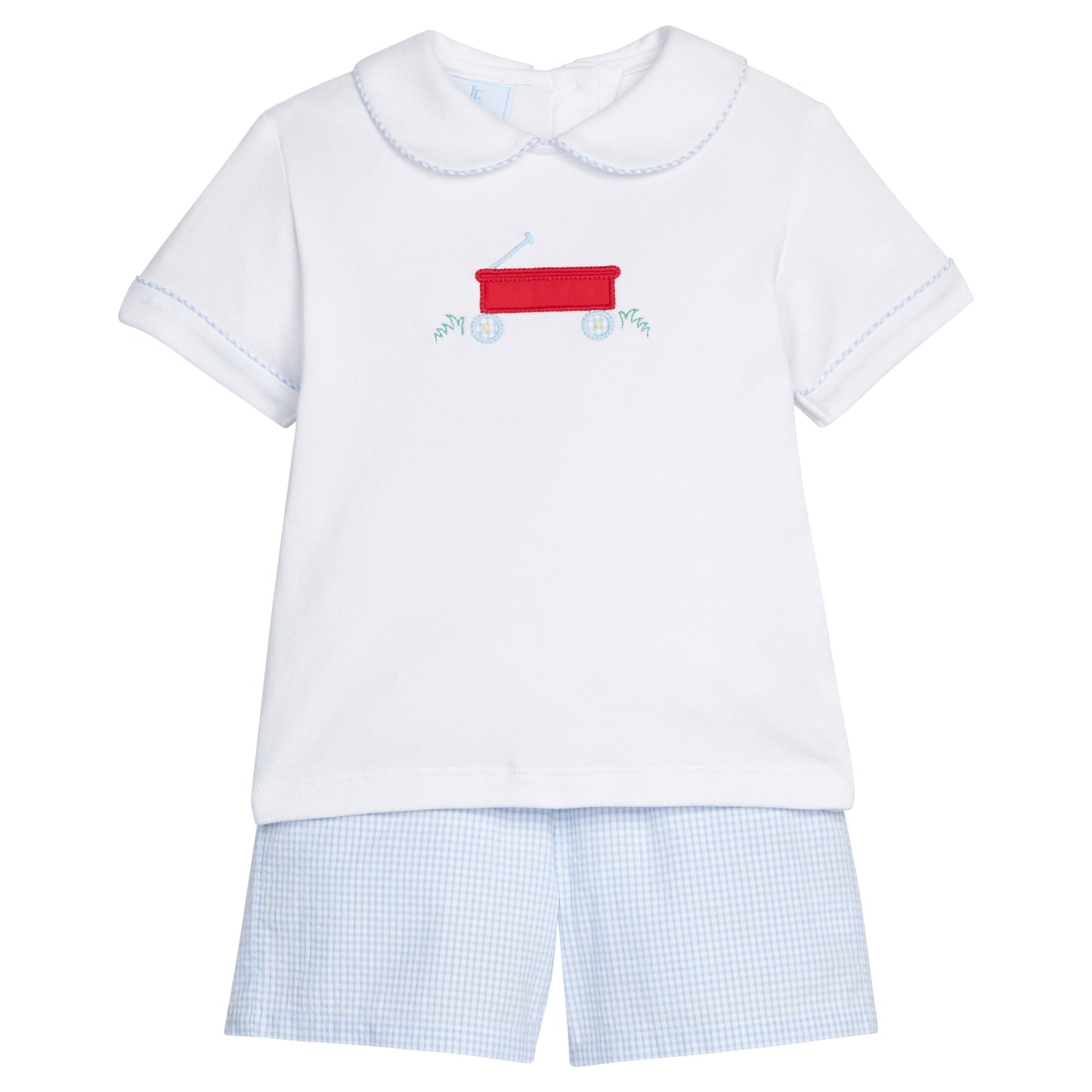 Little English traditional children's clothing. Classic boy's short set with white knit peter pan short-sleeve shirt with red wagon applique and coordinating blue gingham shorts. Boy's play set for Spring