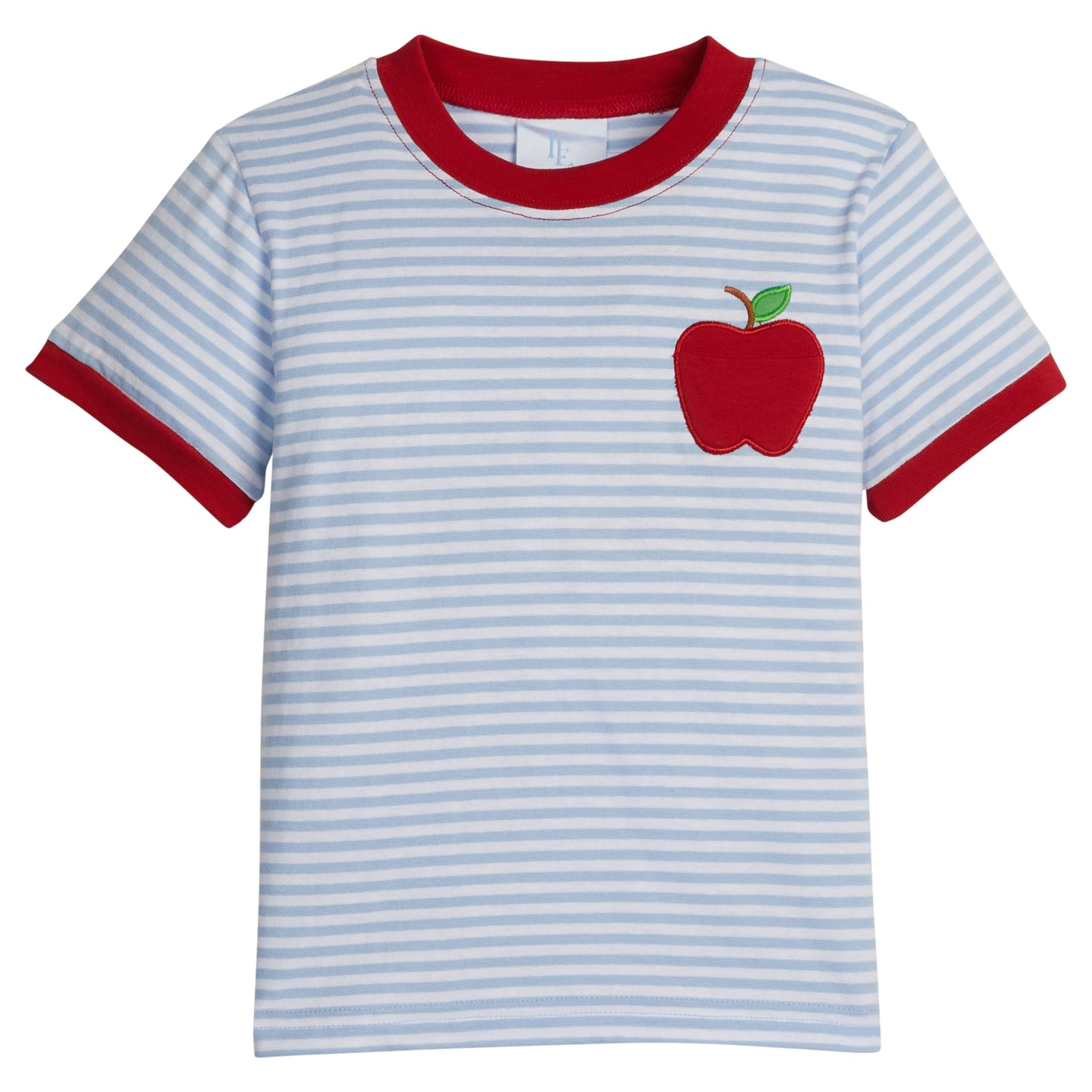 Little English classic knit t-shirt for little boys. Light blue striped t-shirt with applique apple pocket for back to school.