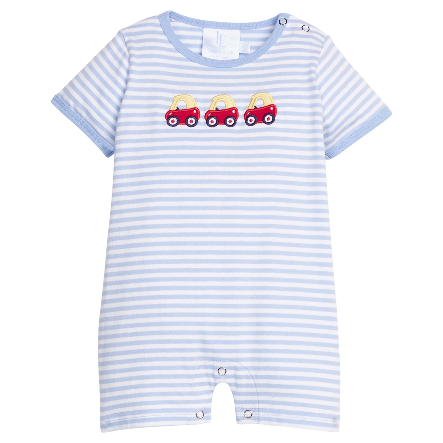 Little English classic cotton romper in light blue stripe with toy car applique on chest, for little boy
