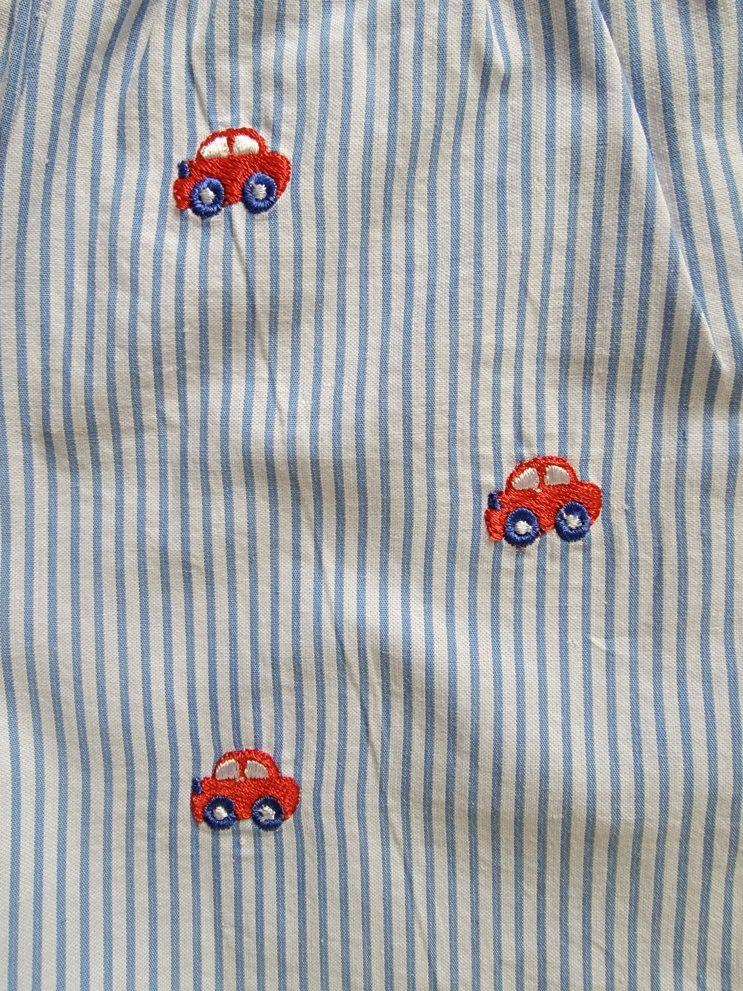 Boy Seersucker Chambray Stripe Shorts, Embroidered Red Cars