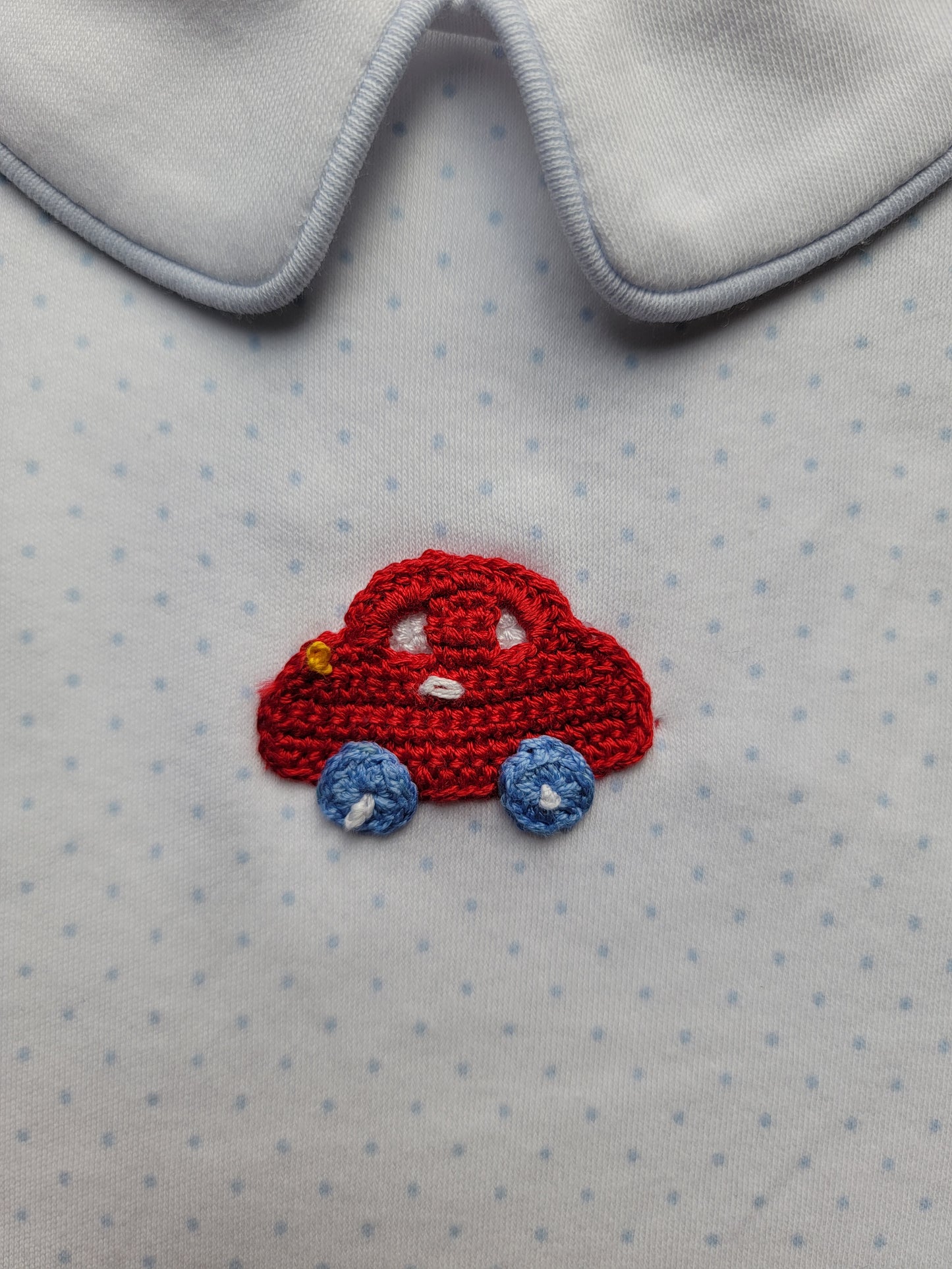 Boy's Short Sleeve Collared Crochet Red Car Blue Dot Romper