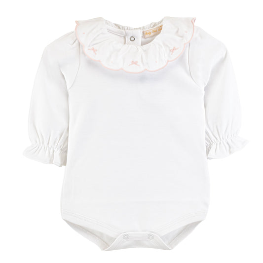Long Sleeve Bodysuit with Embroidered Ruffled Collar, Bows