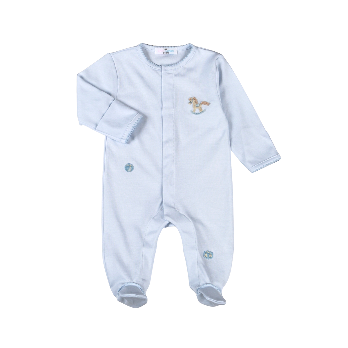 Light blue baby onesie with a small design on a white background