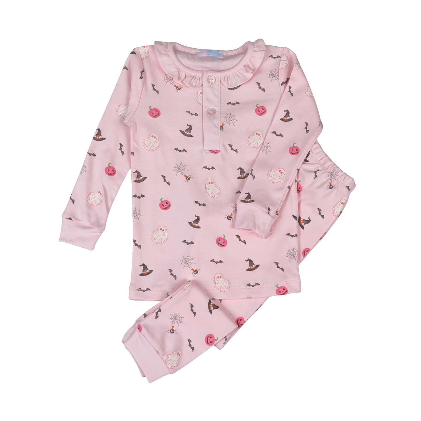 Pink children's pajama set with floral pattern on a white background