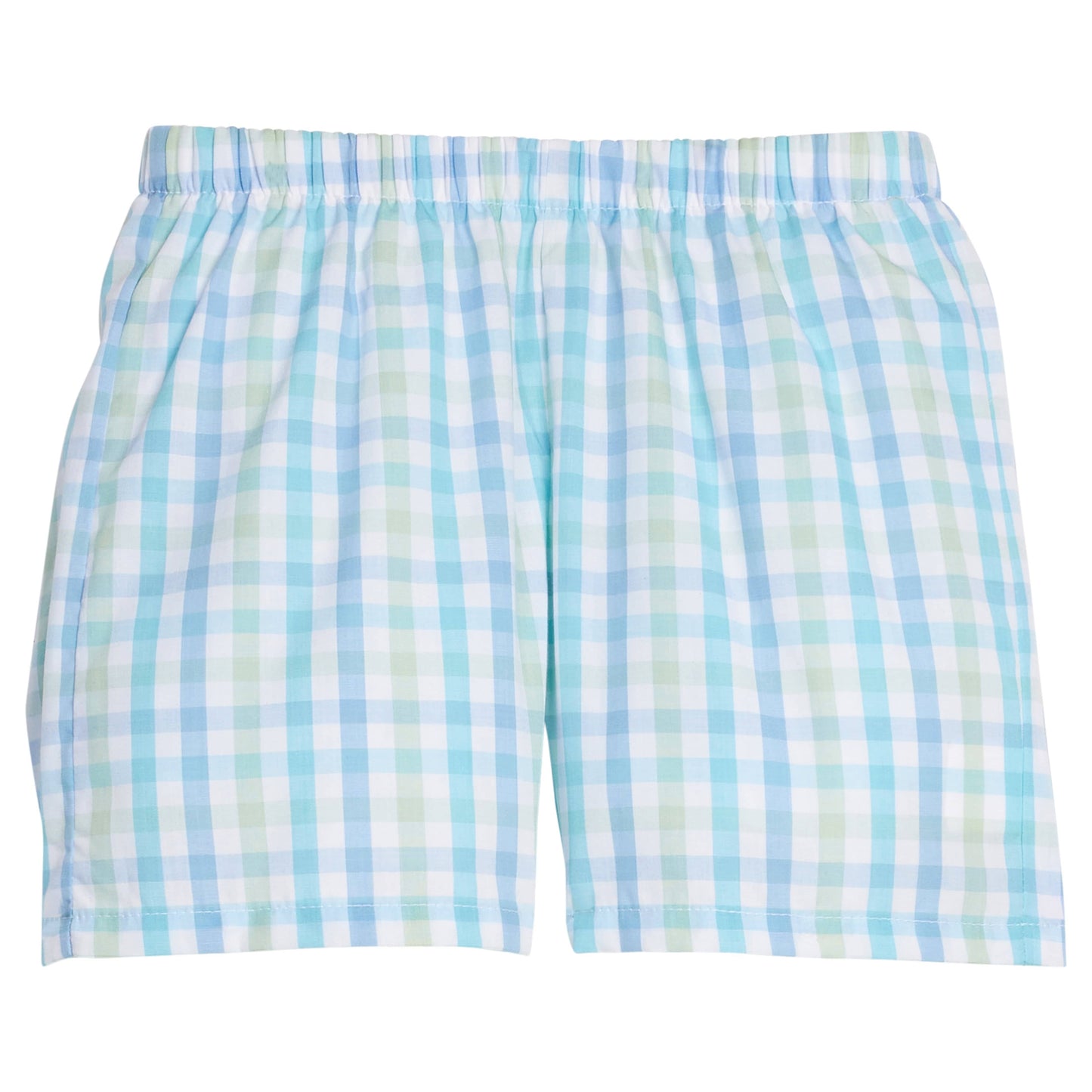 Little English traditional children's clothing. Boy's aqua and green plaid shorts for Spring and Summer