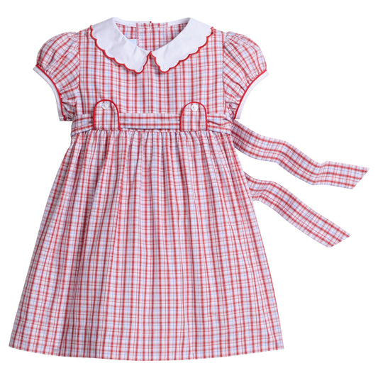 Little English classic dress for little girls. Red, white, & light blue plaid dress with scalloped collar, button tabs, and tie waist. Back to school outfit.