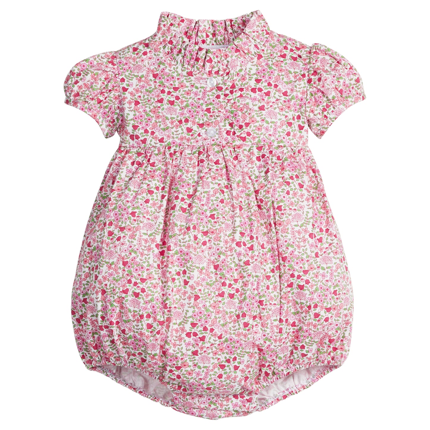 Little English classic bubble for little girls. Pink and green floral bubble with capped sleeves and ruffled collar for Fall