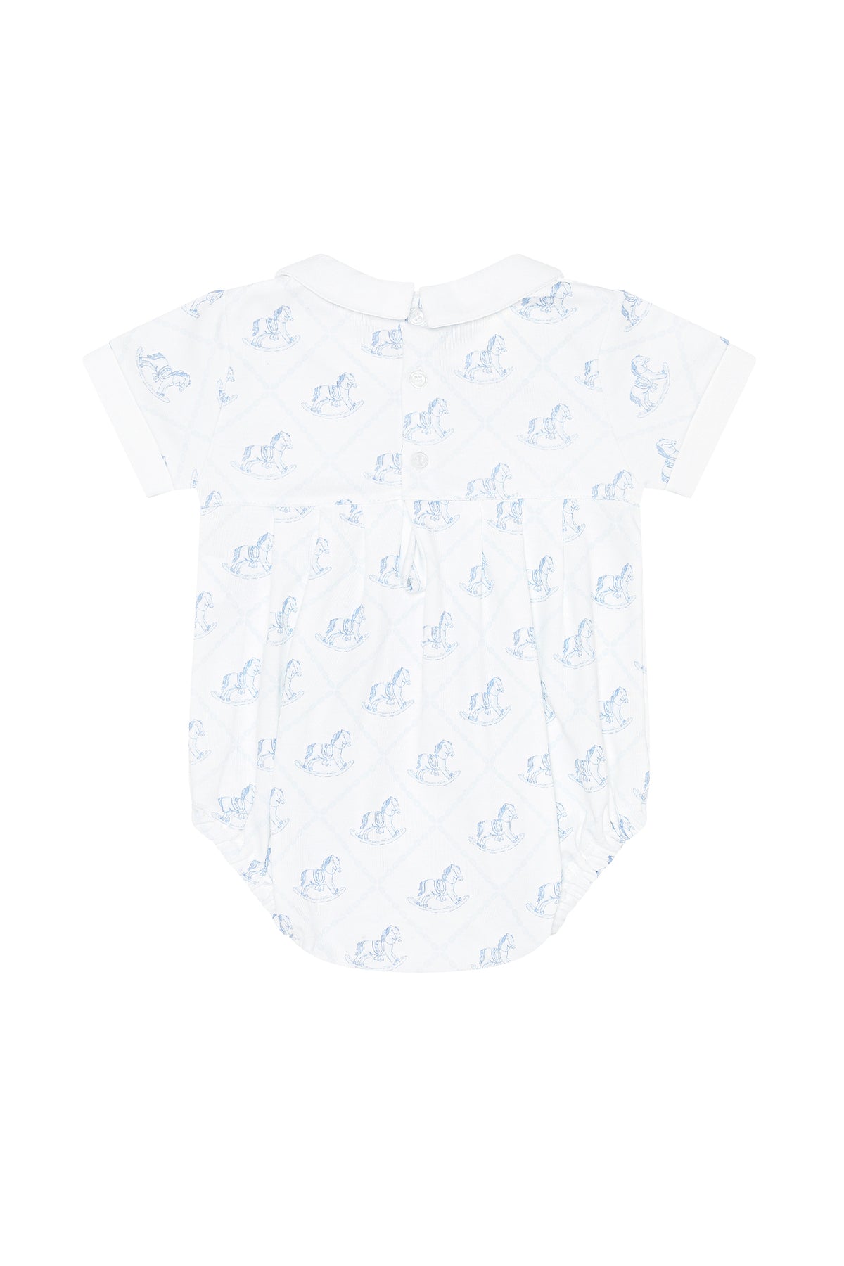 Baby romper with blue floral pattern on a white background