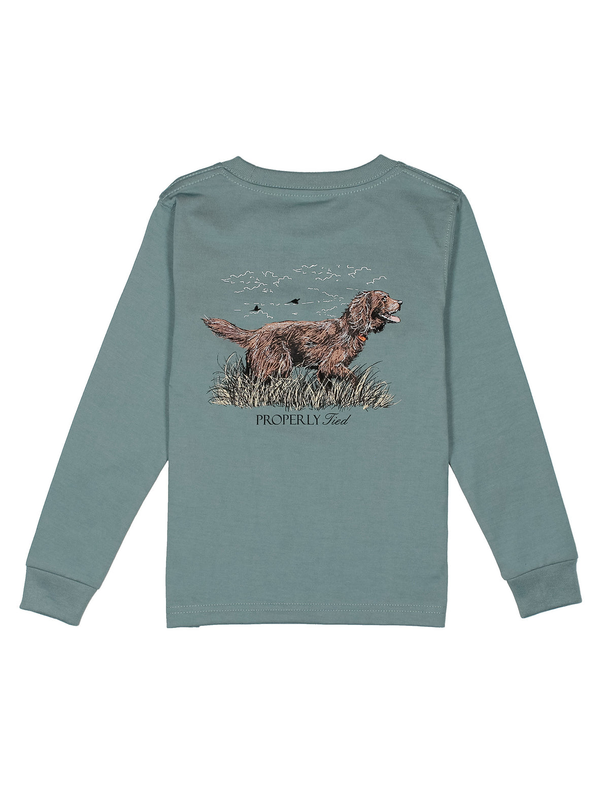 Green long-sleeve shirt with a dog graphic on a white background