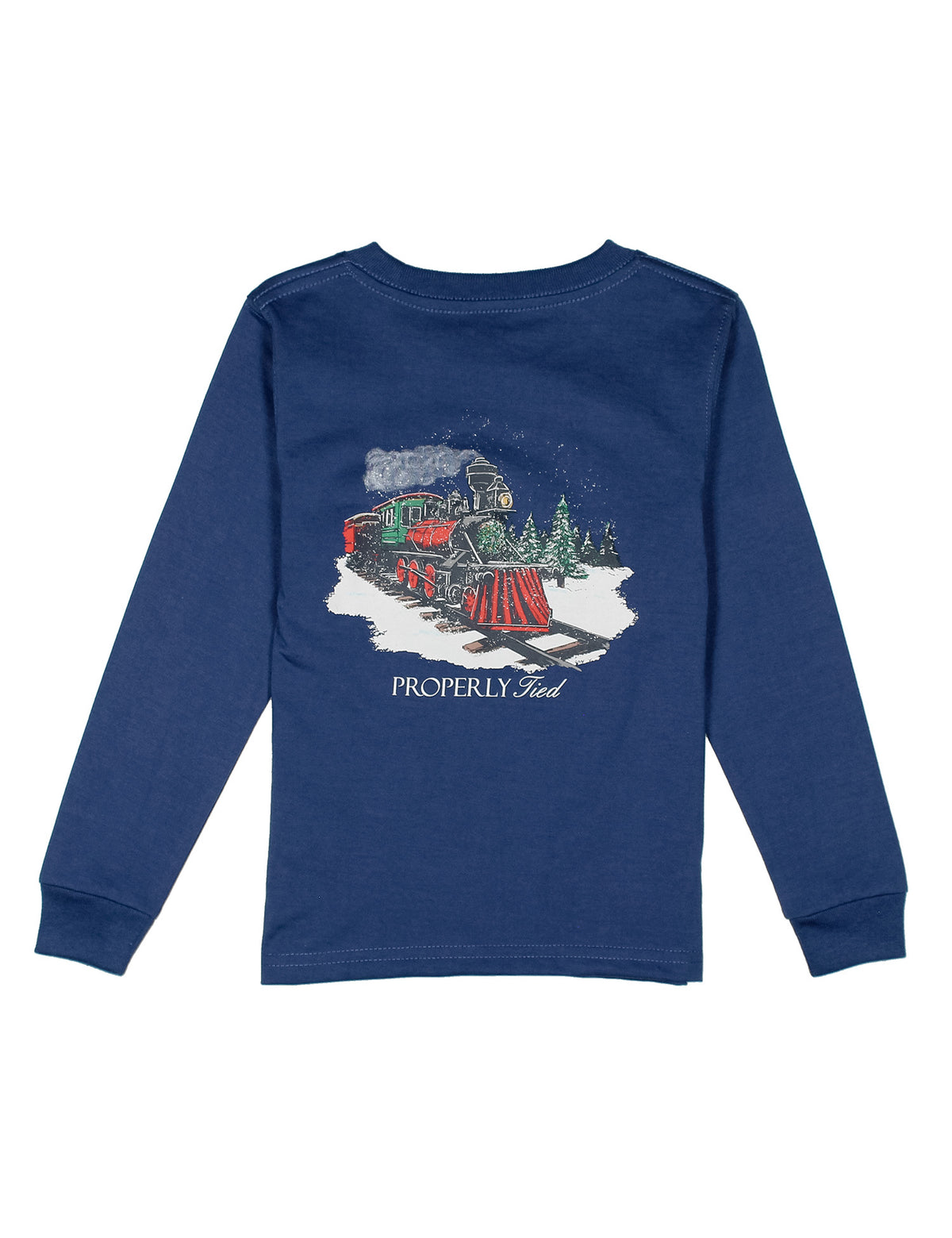Blue long-sleeve shirt with a train graphic and 'Properly Fund' text on a white background