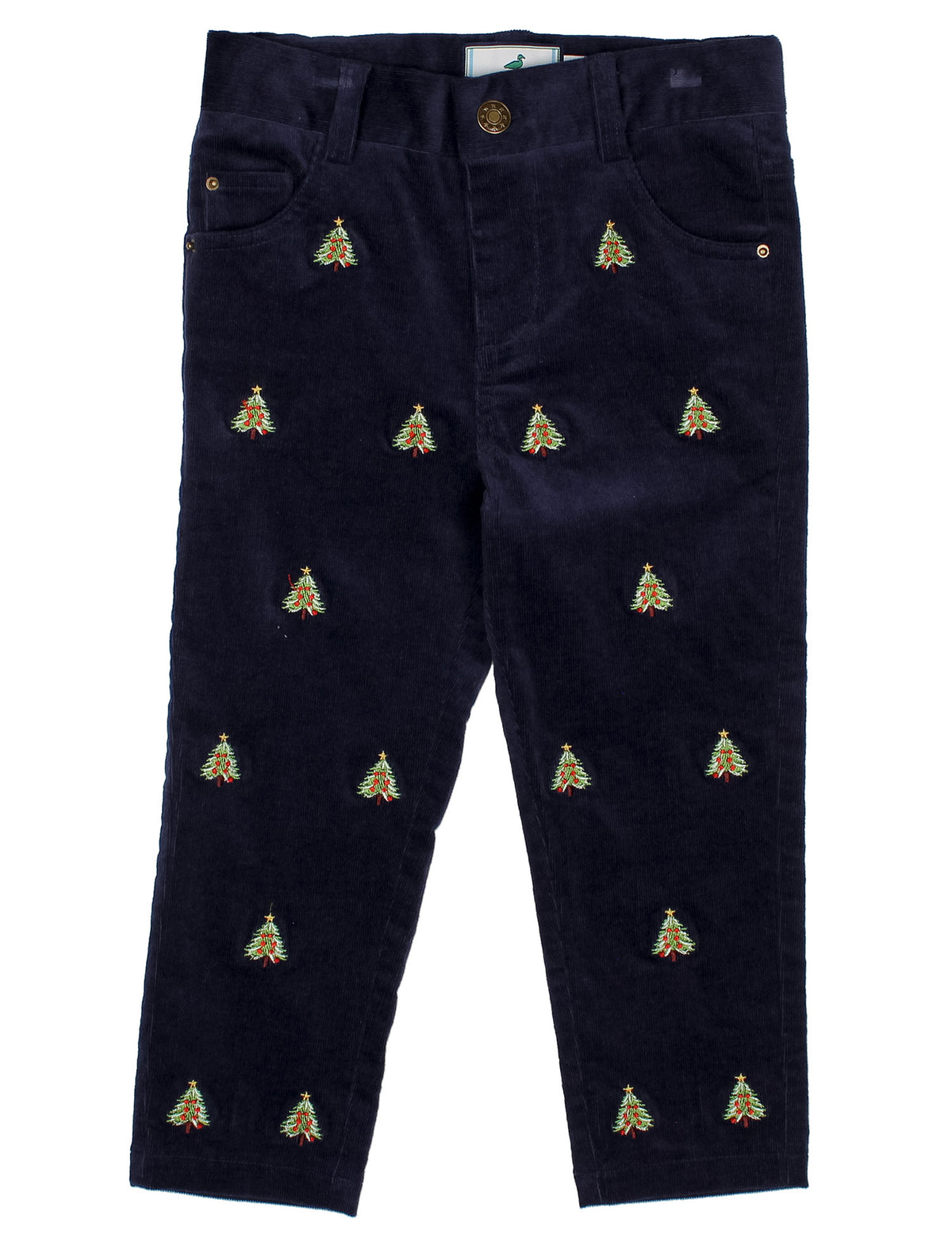Navy blue pants with embroidered green trees on a white background
