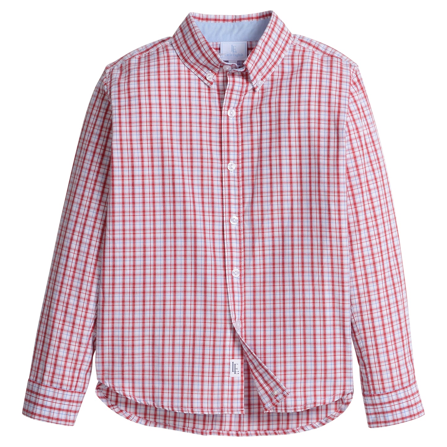 Little English classic button down for boys. Red, white, & light blue plaid button down shirt for Fall. Back to school outfit.