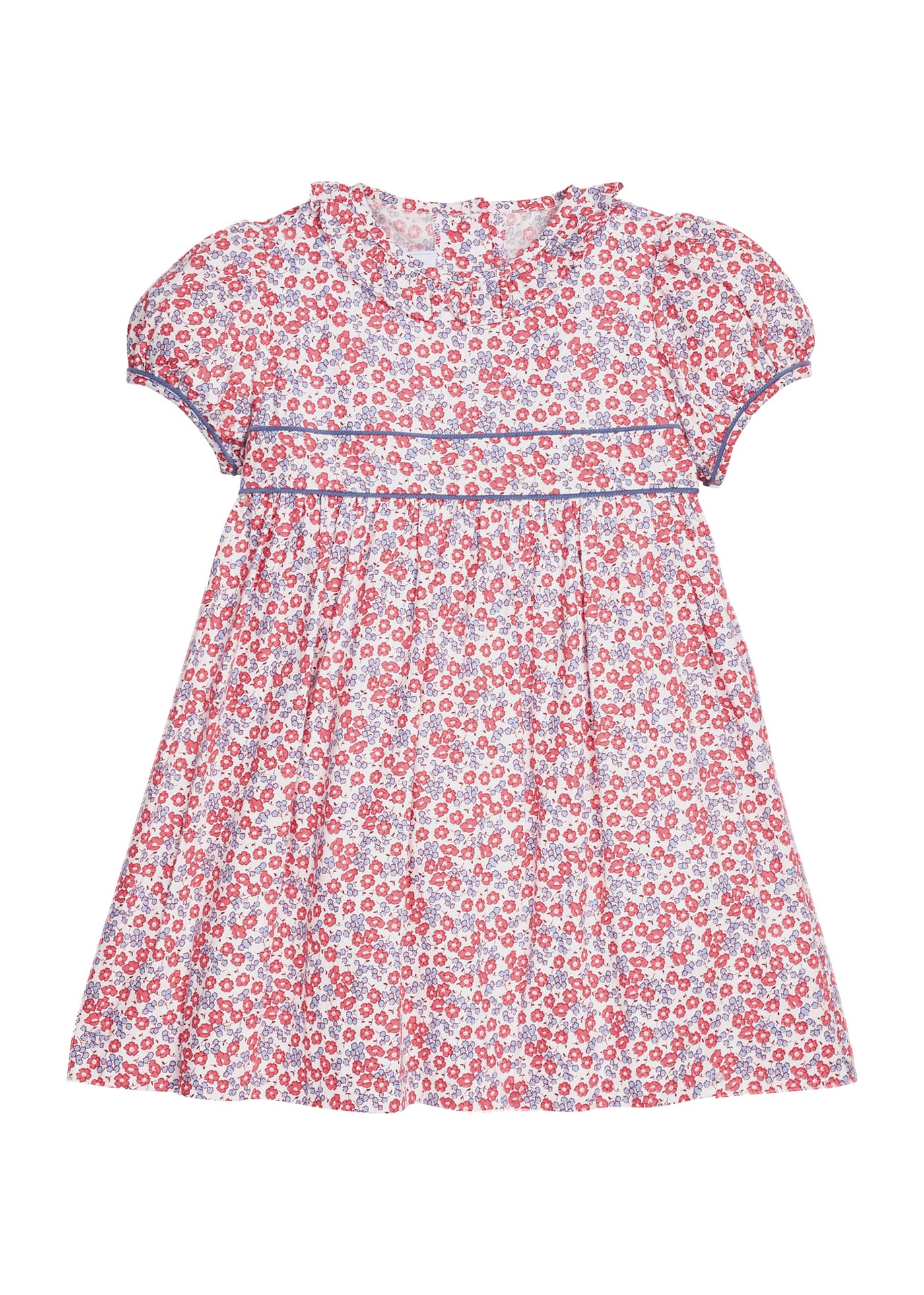 Little English traditional children's clothing. Soft blue and Nantucket red Lennox Floral short sleeve dress for little girls with ruffle collar and blue piping detail at sleeves and chest