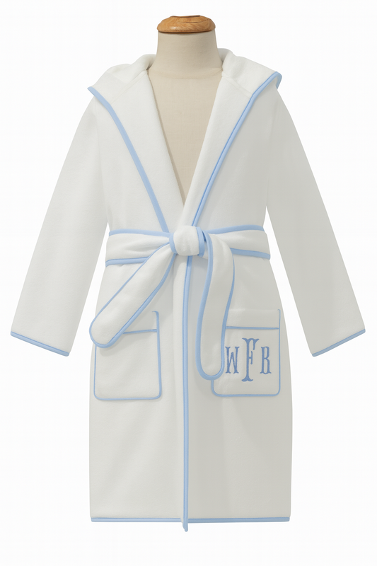 Bath Robe, White with Blue Trim