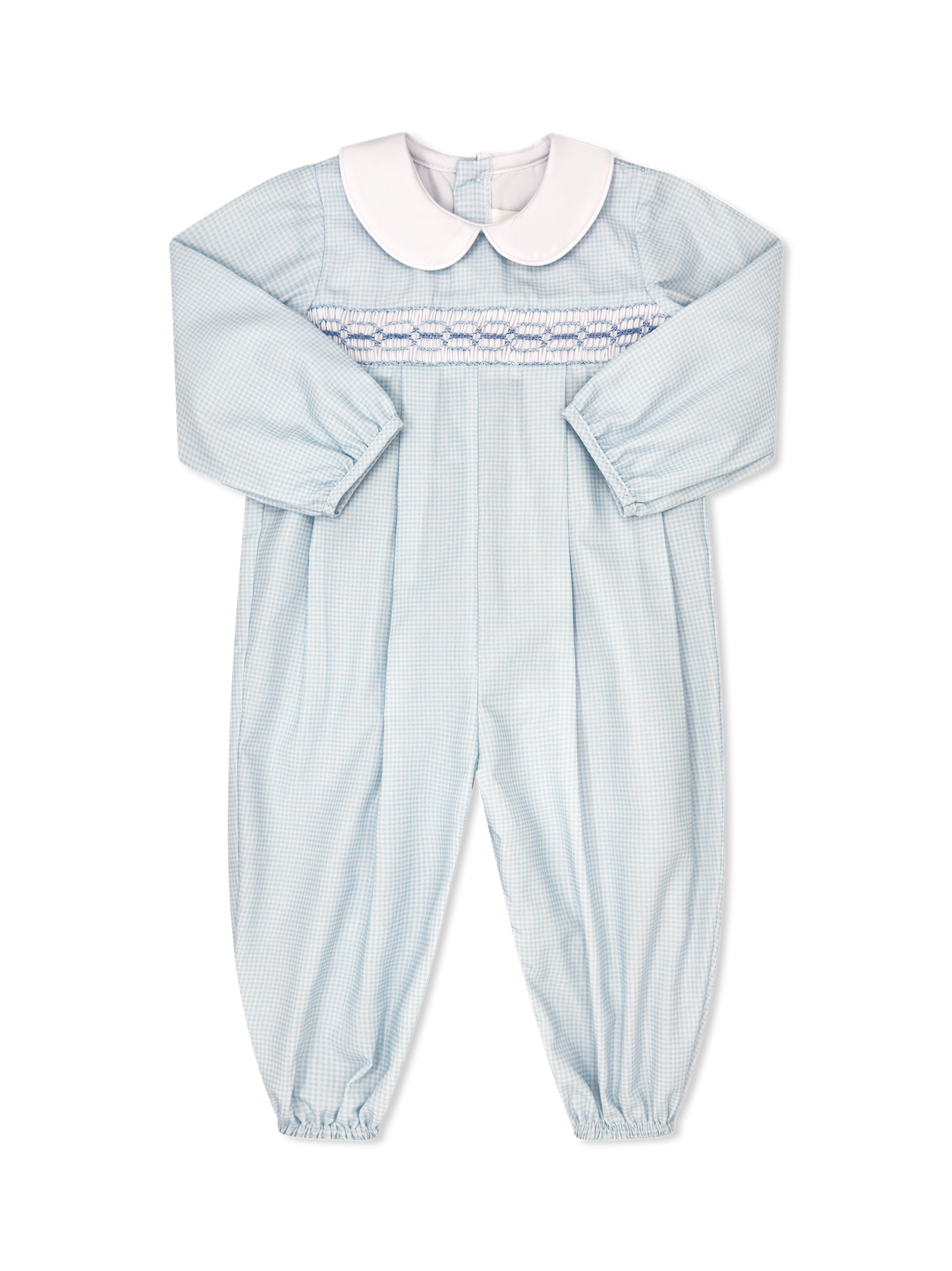 Christopher Romper Long Sleeve, Baby Blue Minigingham