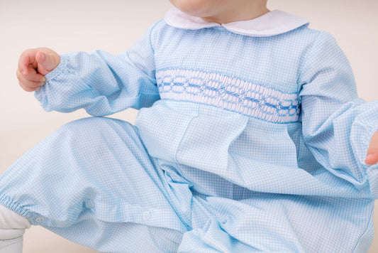 Christopher Romper Long Sleeve, Baby Blue Minigingham