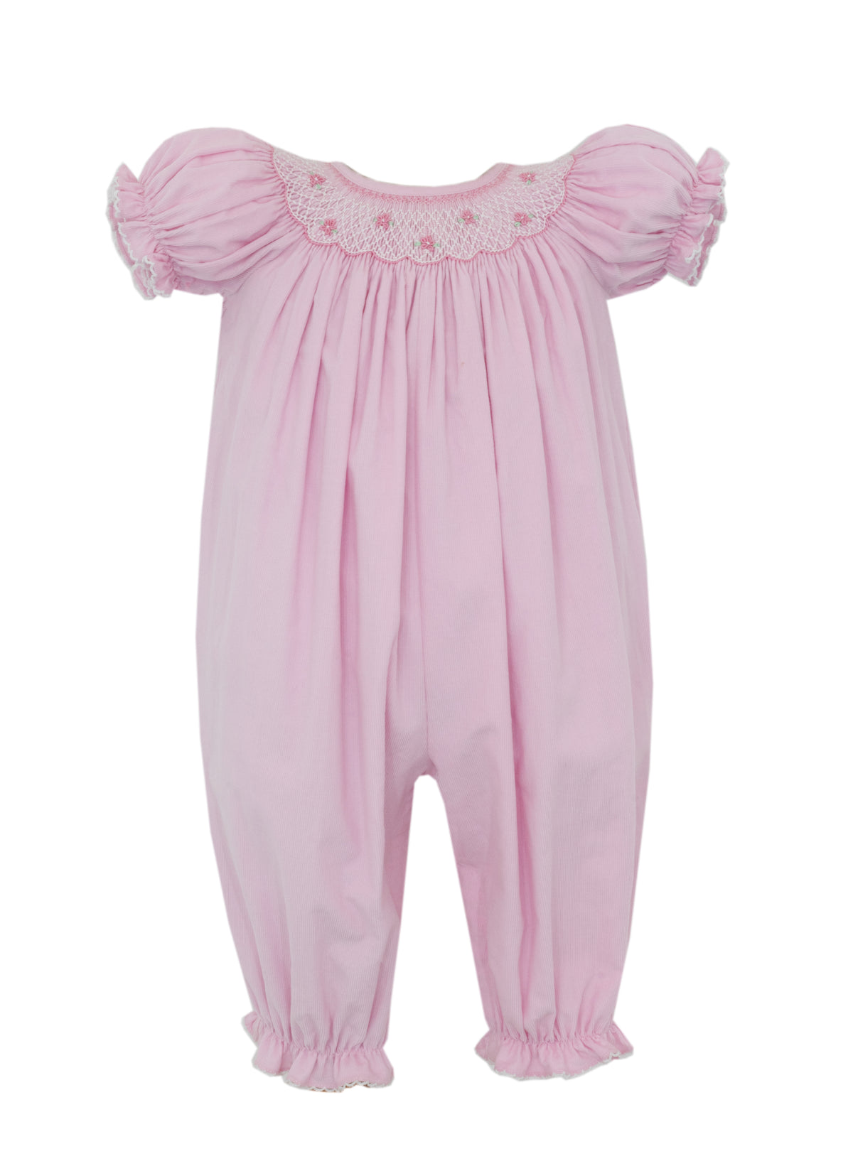 Pink baby romper with ruffled sleeves on a white background