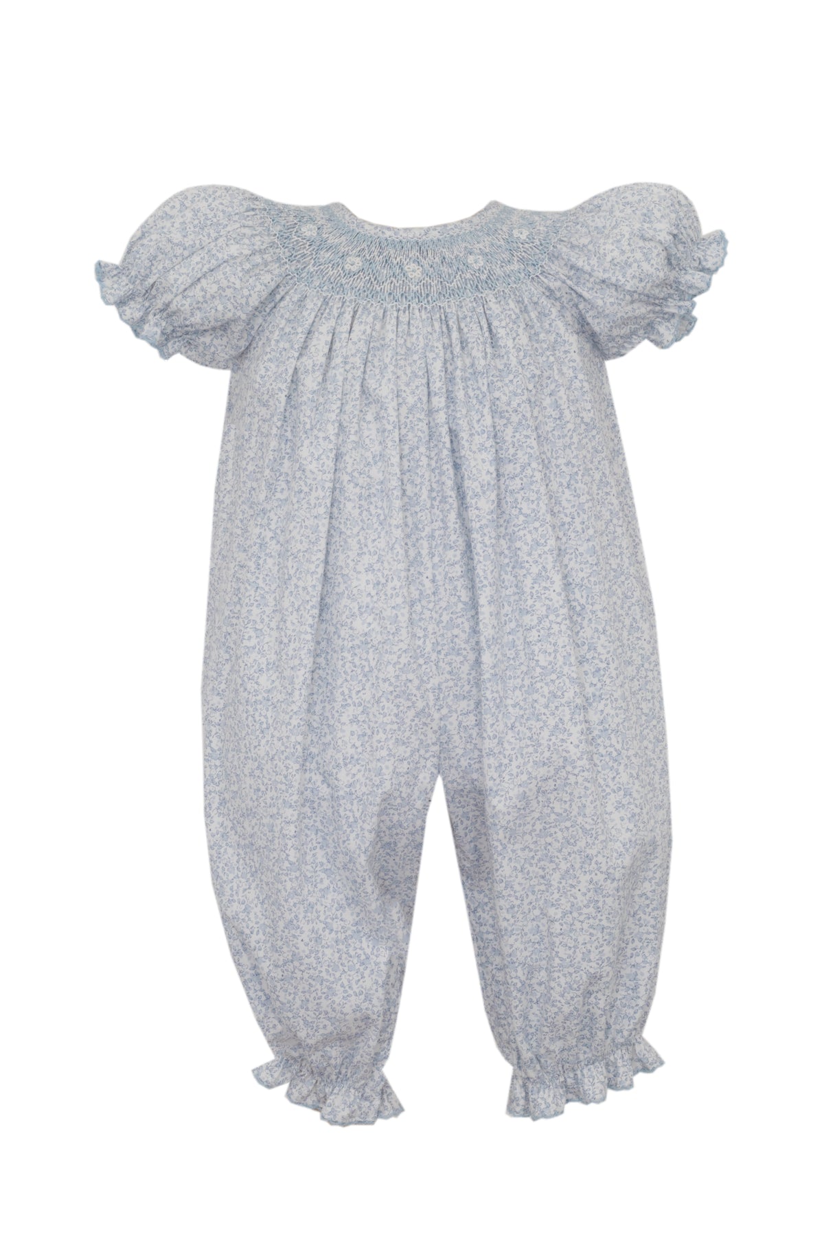Light blue baby romper with ruffled sleeves on a white background