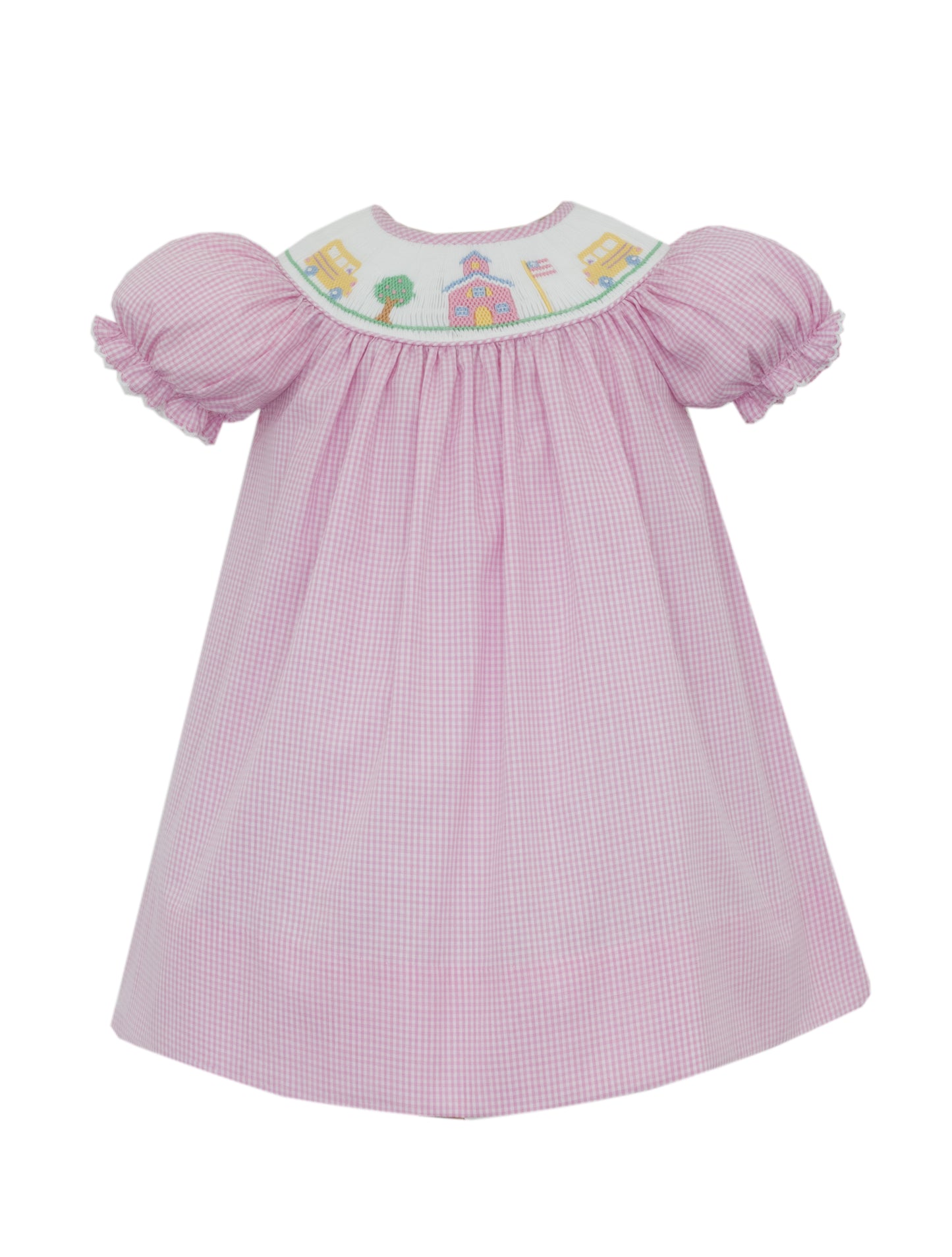Pink checkered dress with embroidered top on a white background
