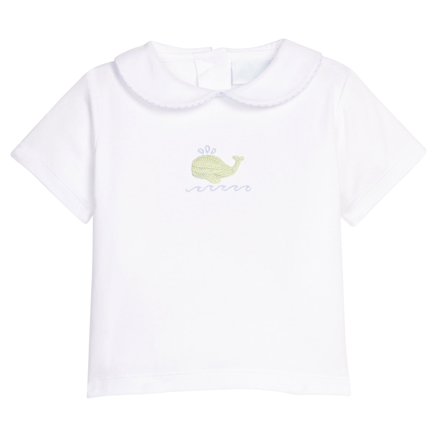 Little English classic crochet peter pan shirt with blue whale motif on chest, for little boy