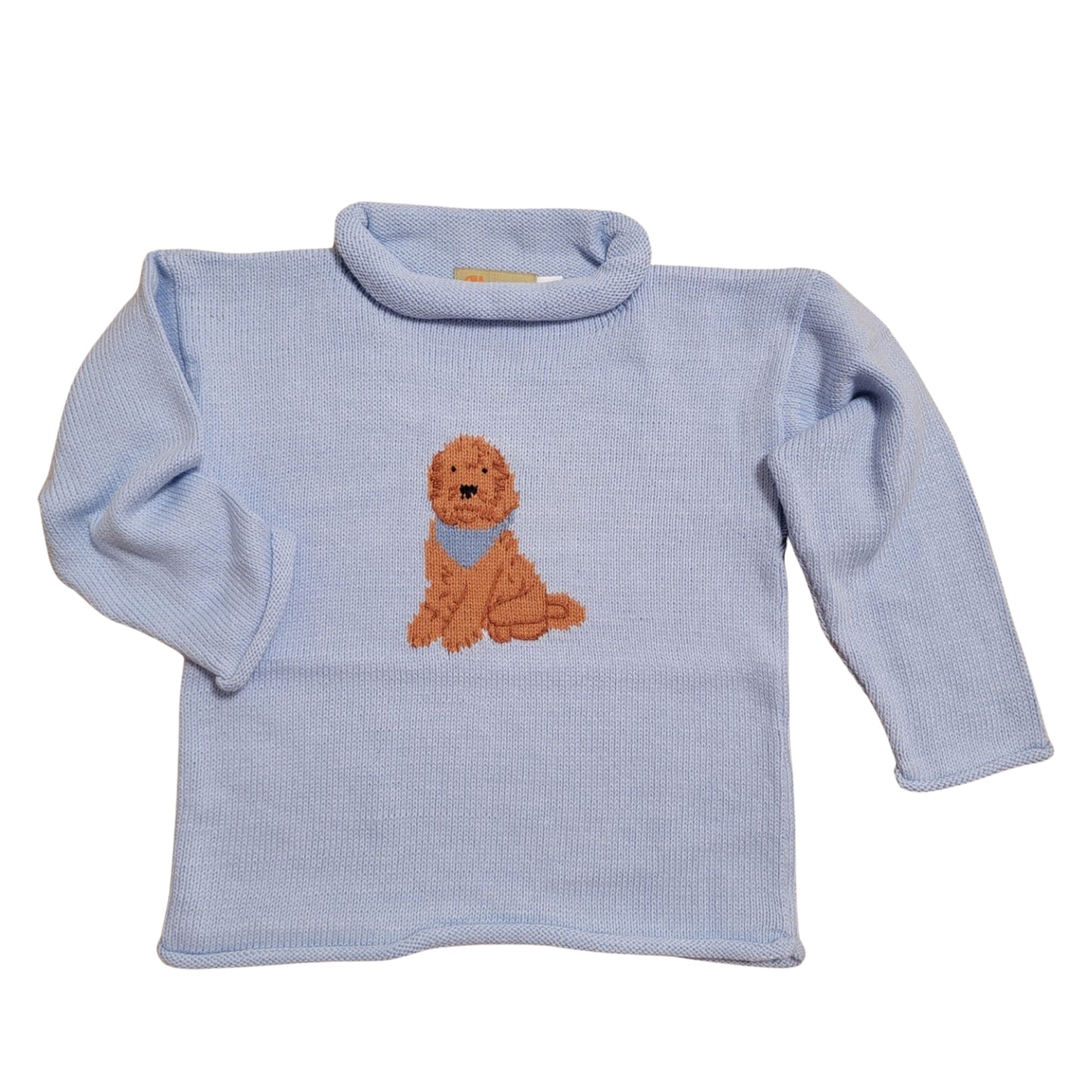 Rollneck Sky Blue Sweater, Goldendoodle with Bandana