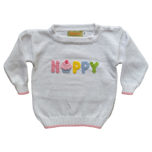 Girl's "Happy" Cupcake White Crew Neck Sweater