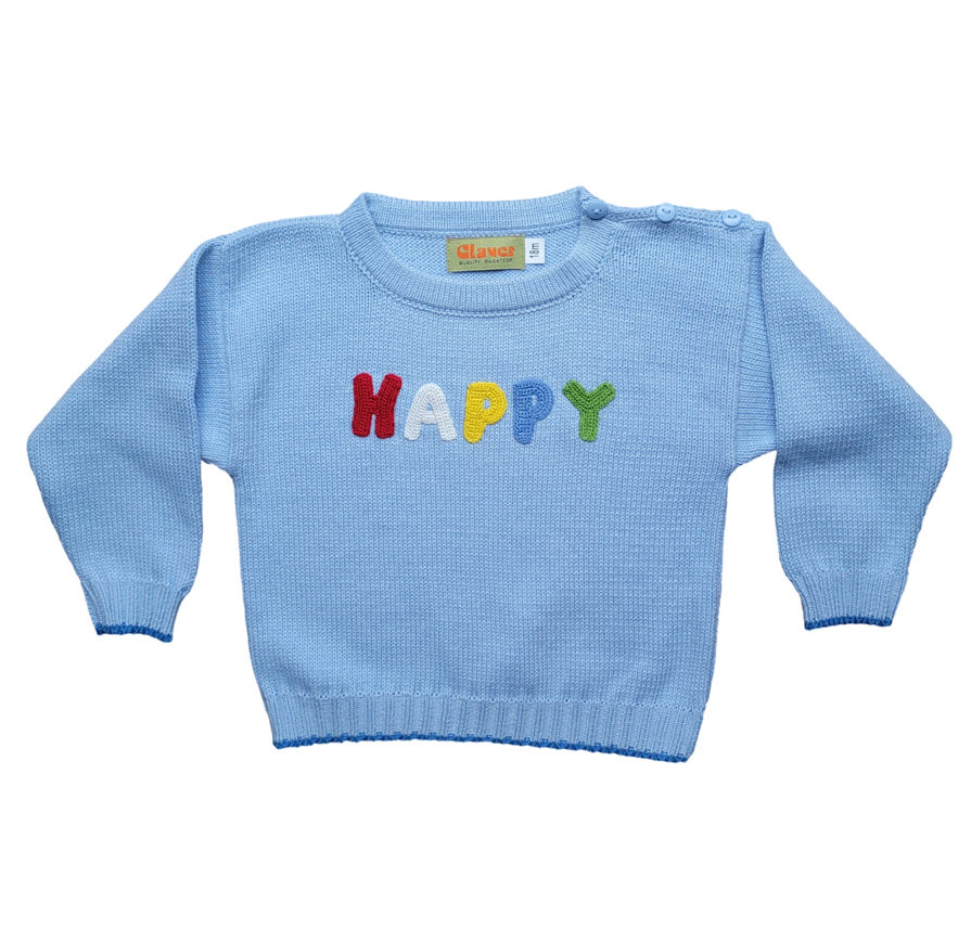 Boy's "Happy" Sky Blue Crew Neck Sweater ONLINE ONLY