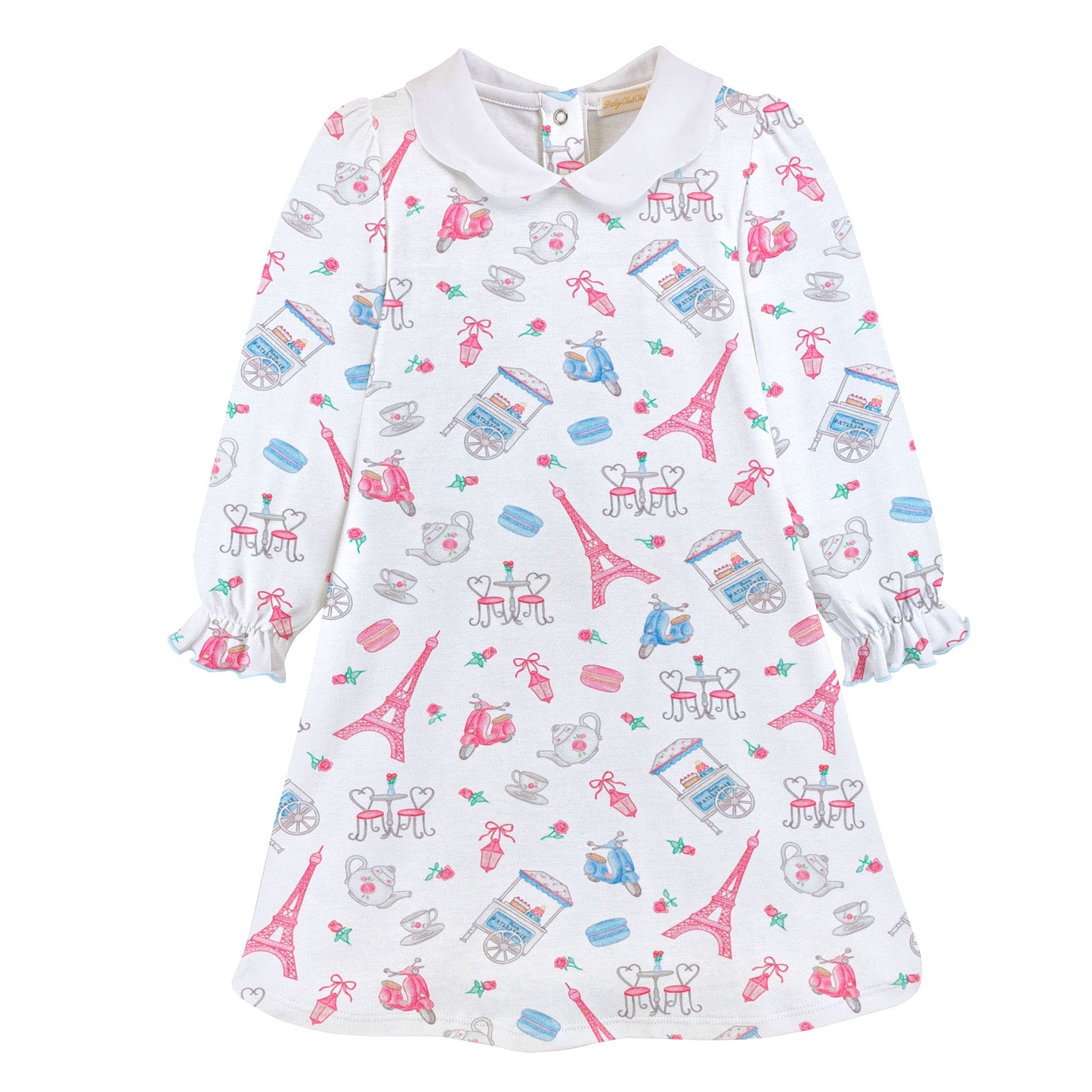 Long Sleeve Scalloped Printed Dress, Charming Tea