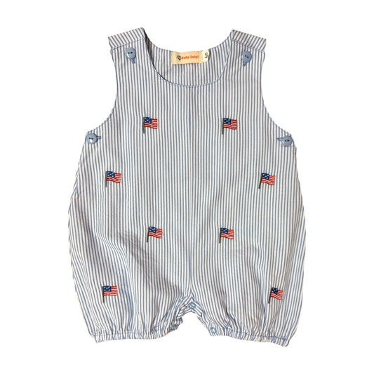 Boy's Blue Seersucker Romper, American Flags