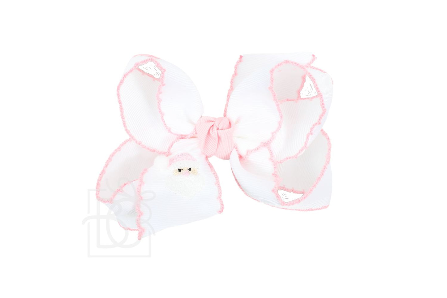 White with Pink Trim Large Santa Embroidered Hair Bow