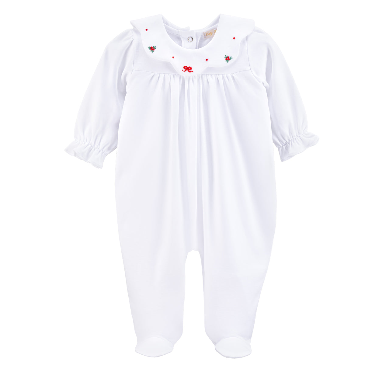 White baby romper with red floral embroidery on a white background