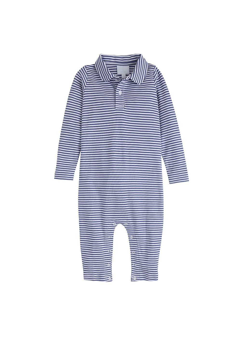 Long Sleeve Striped Polo Romper, Gray Blue