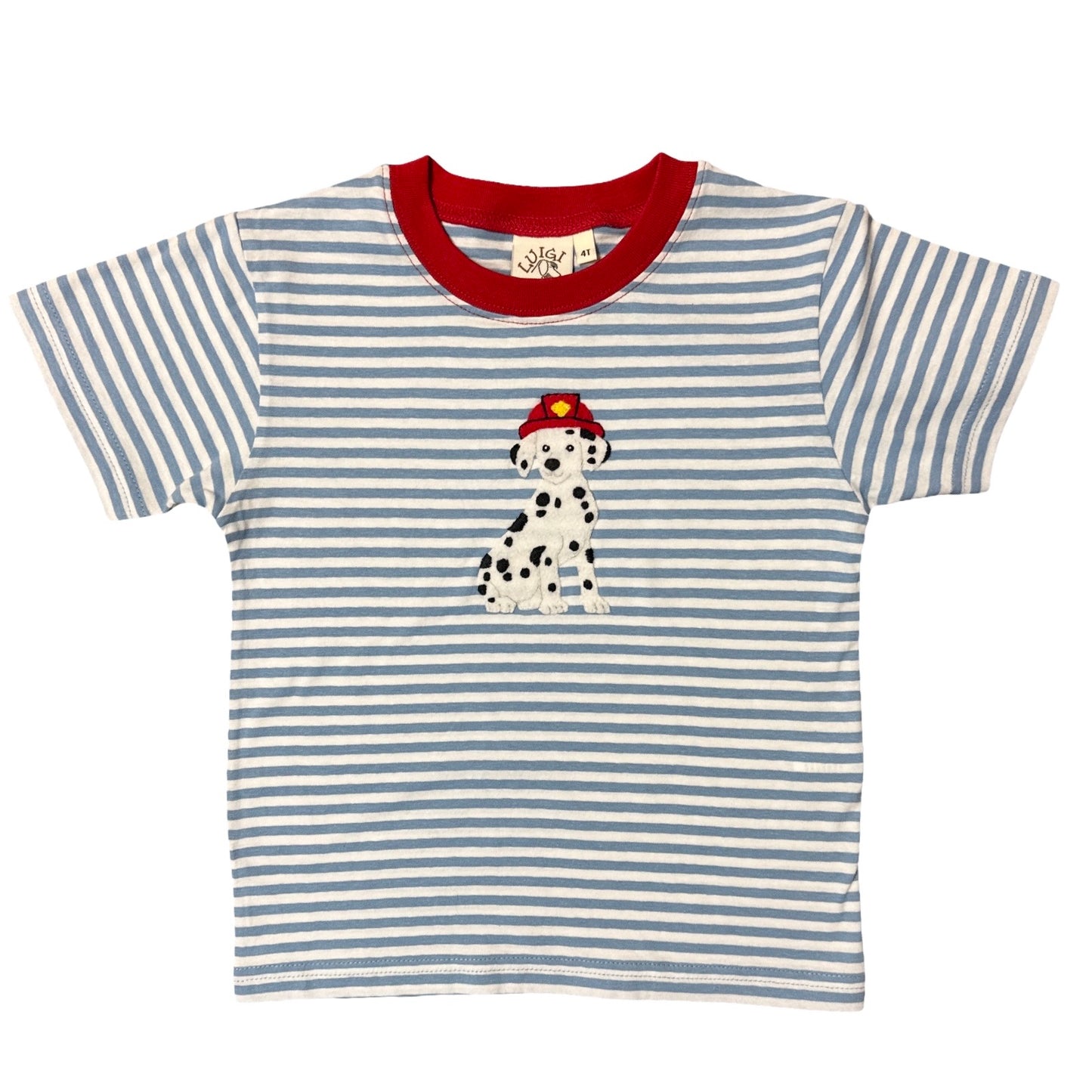Boy Short Sleeve T-Shirt, Blue Stripe with Dalmation Applique