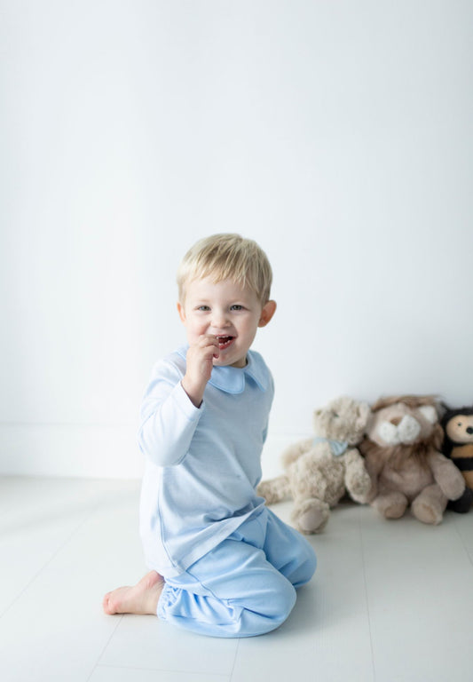 Boy's Long Sleeve Collared Blue Mini Stripe Pant Set