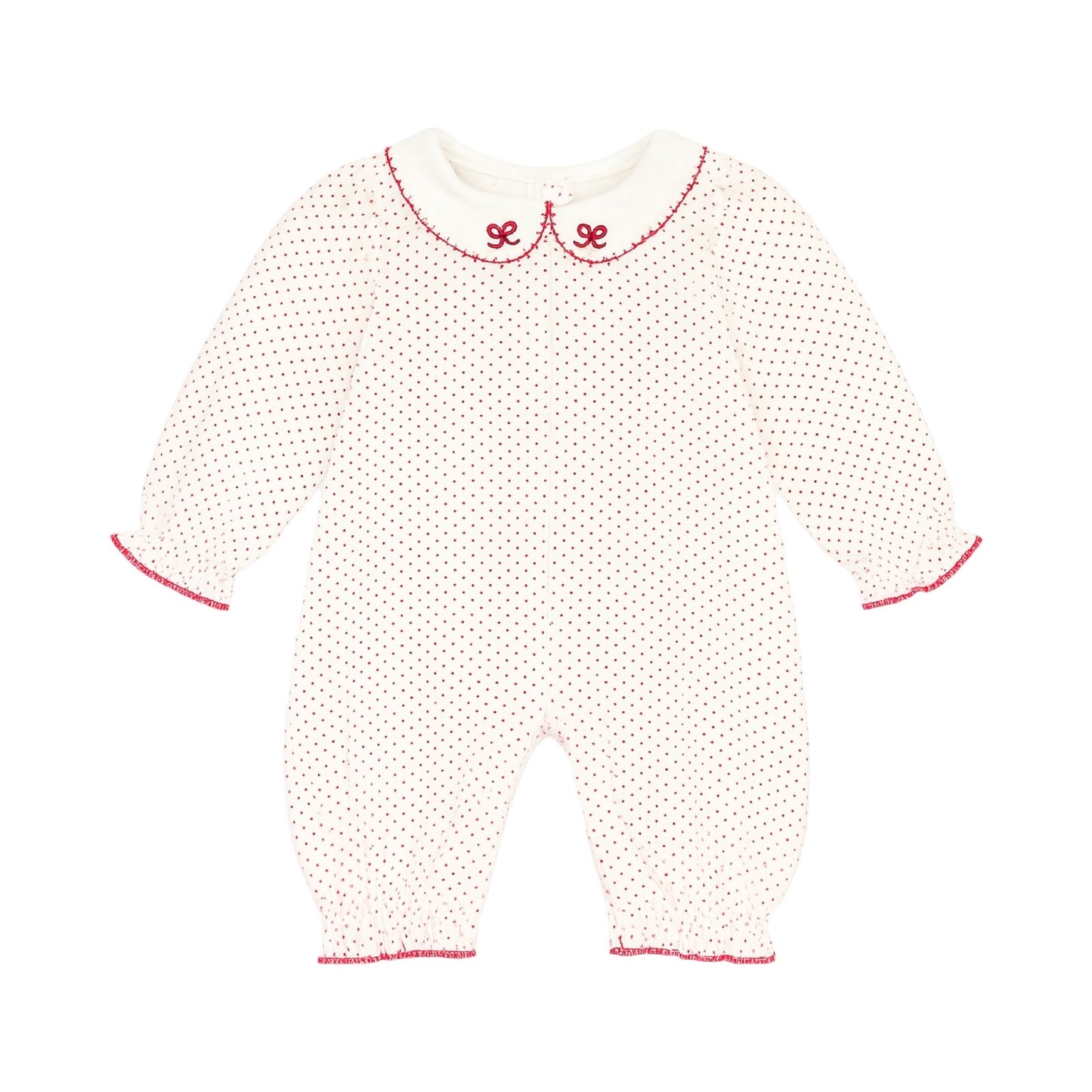 Long Sleeve Polka Dot Romper, Holiday Bow Collar