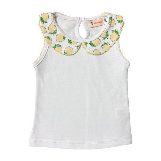 Girl's Sleeveless Collared Top with Lemon Print Collar