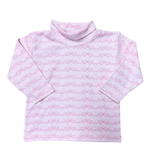 Girl's Pink Bow Print Pink Turtleneck