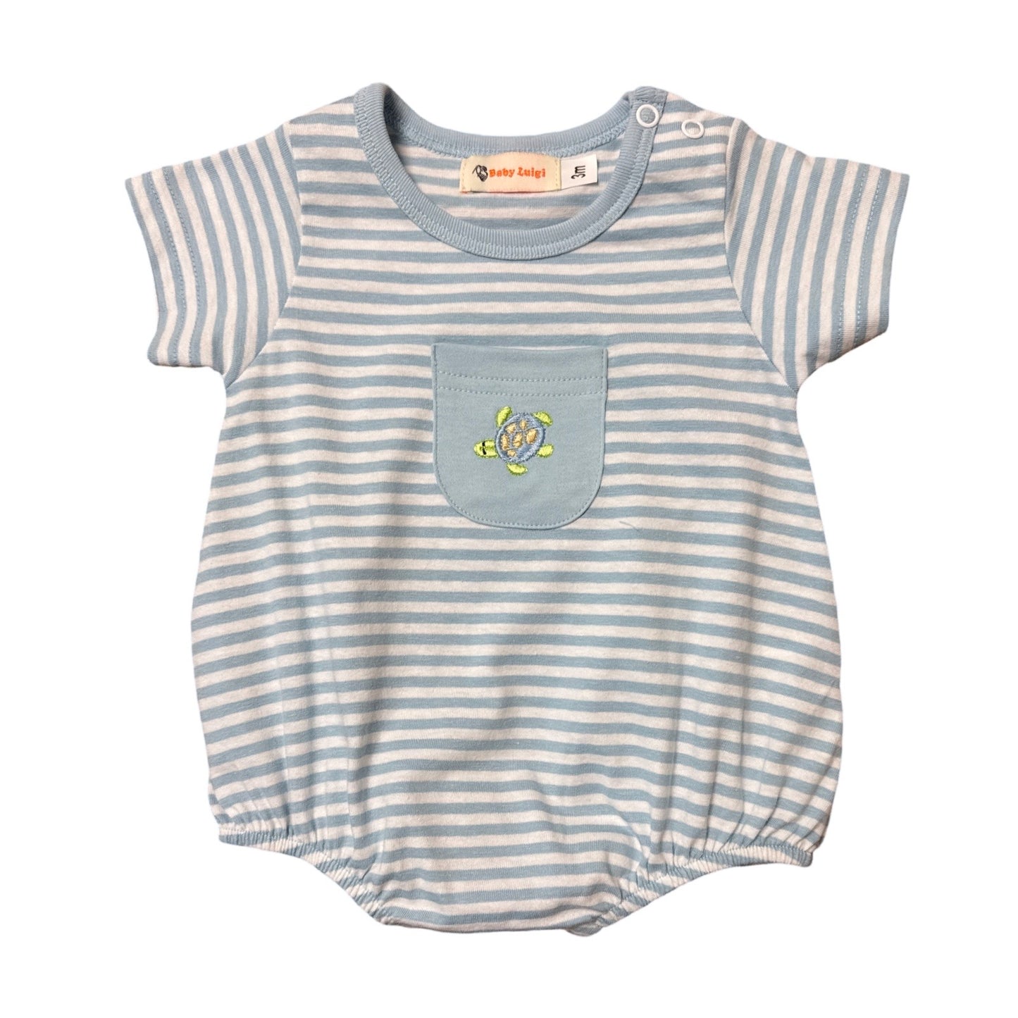 Boy Short Sleeve Pocket Bubble, Blue Stripe with Turtle on Pocket