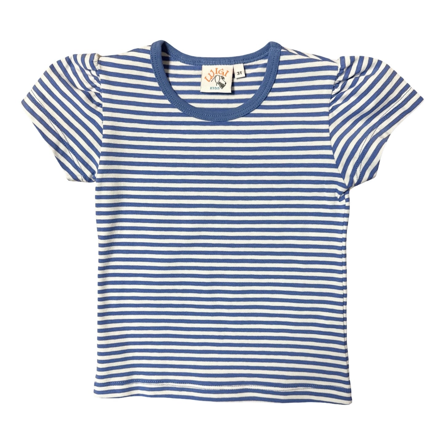 Girl Short Cap Sleeve T-Shirt, Dark Chambray Stripe