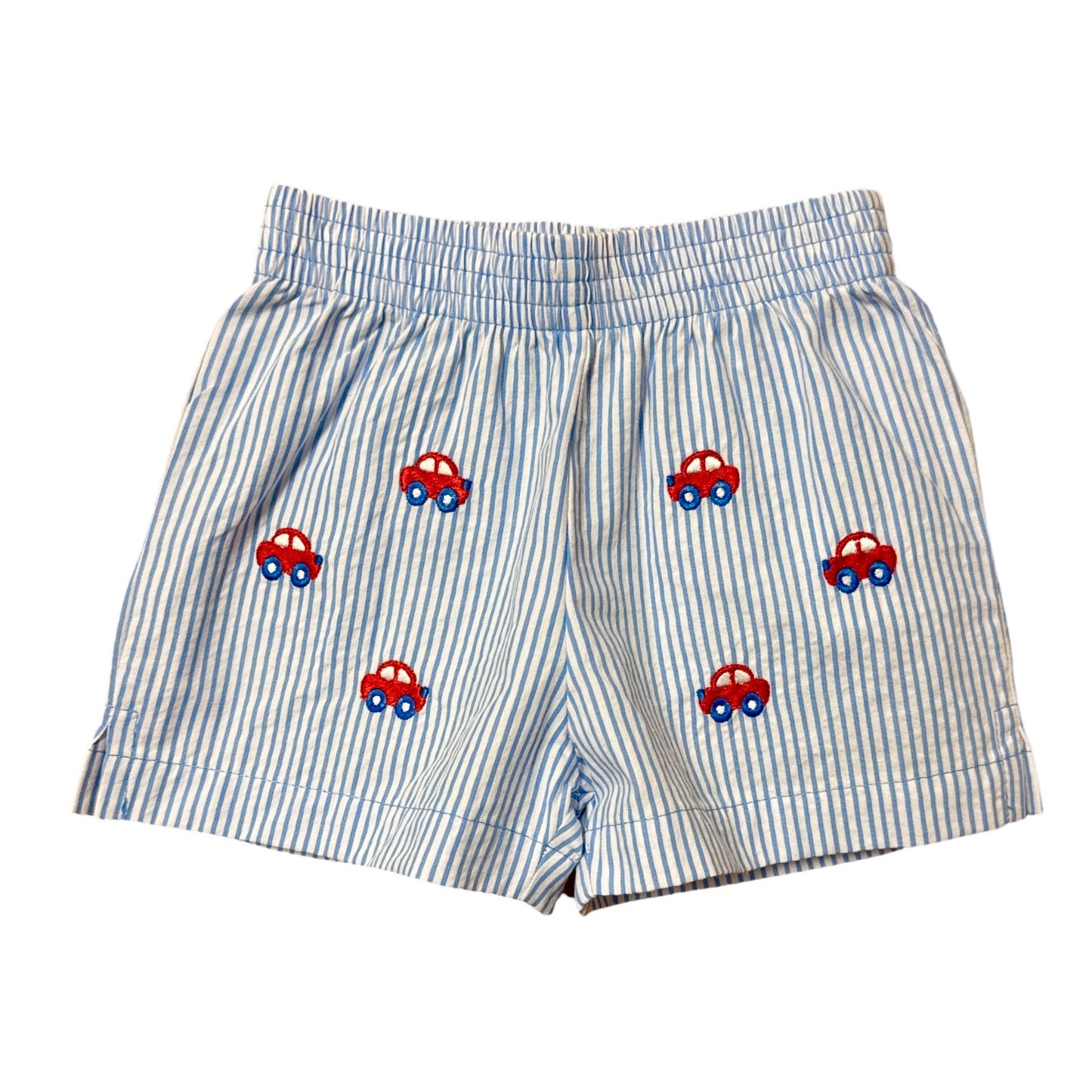 Boy's Seersucker Play Shorts, Blue with Embroidered Cars