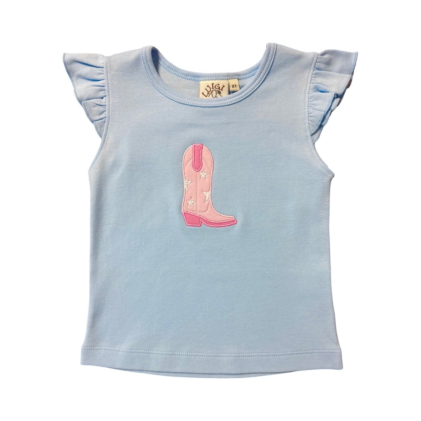 Girl Short Sleeve T-Shirt with Flutter, Blue with Cowgirl Boot